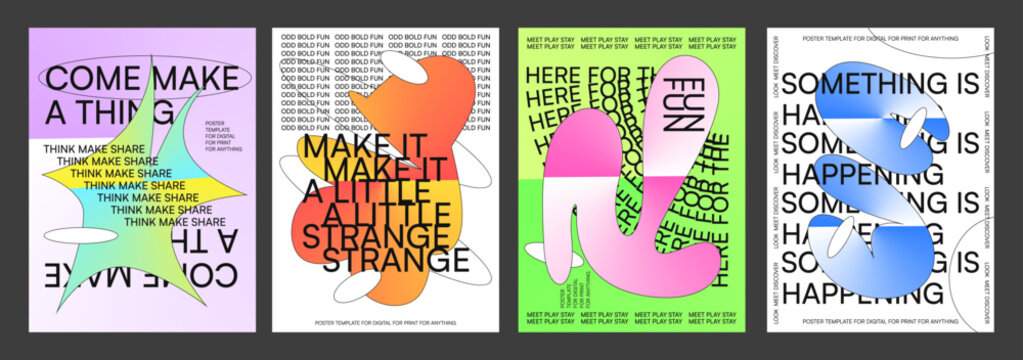 Vibrant poster set fun mood. Energetic colorful graphic design layout. Playful happy creative visual concept. Dynamic bright artistic composition style.