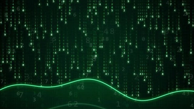 Abstract digital green binary code rain falling with a flowing glowing wave line