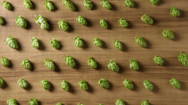 Hops arranged neatly on a wooden surface in a systematic pattern during a harvest season