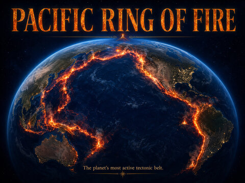 Pacific Ring of Fire Global Map With Active Tectonic Belt Visualization