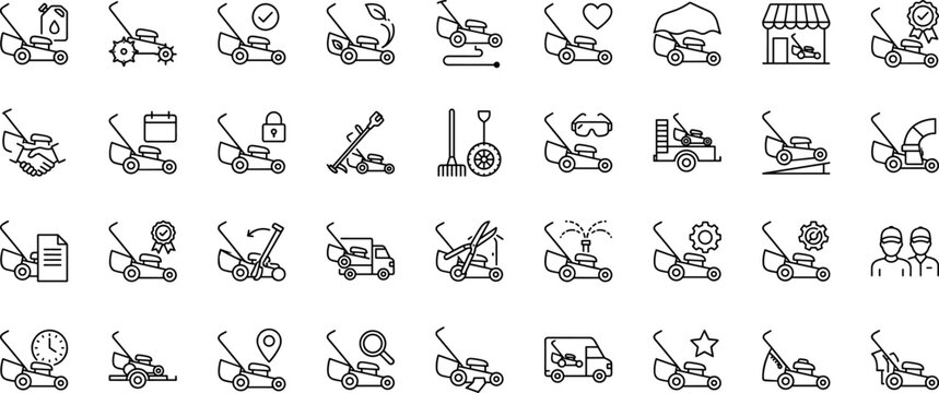 Lawn Mower Lawn Care Franchise Web Icon Set in Linear Style. Collection of Groundskeeping Business line icons, including mowing, franchising, landscaping, equipment, maintenance, scheduling.