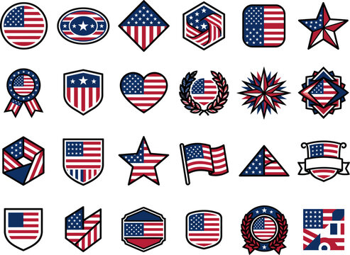 Collection of various american flag icons and badges in different geometric shapes for independence day design elements