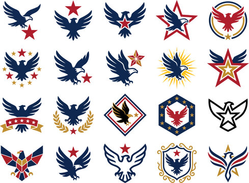 Set of patriotic american eagle emblems and badges with stars and stripes for military or sports logos