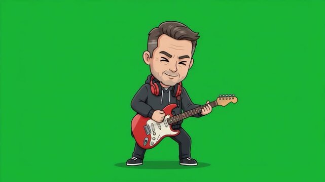 Cartoon illustration of a male character playing an electric guitar, with a green screen background.