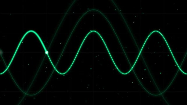 Abstract glowing green sine wave moving across a dark digital grid background with particles