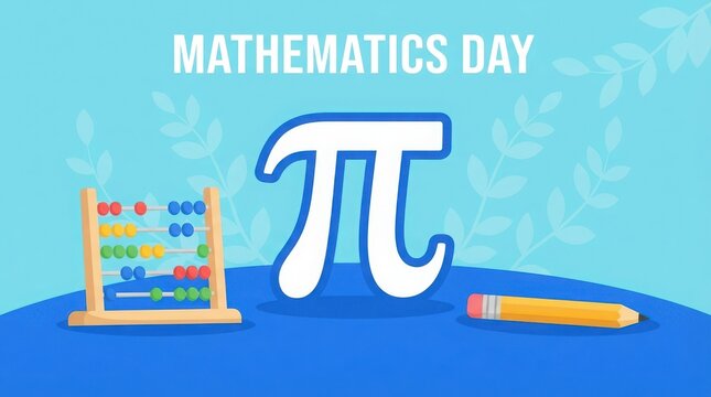 Mathematics Day banner with Pi symbol, educational abacus and pencil on blue background, school math concept illustration