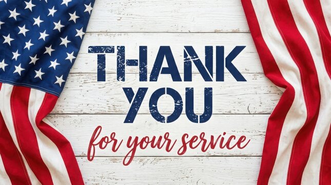 Patriotic American flag background, Thank You for Your Service text on white wood, Veterans Day and Memorial Day tribute