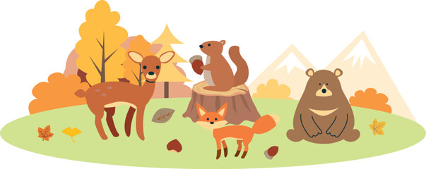 Obraz premium 秋の動物と紅葉の手描風イラスト