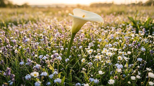 A beautiful white calla lily flower blooming in a vibrant summer meadow at sunset