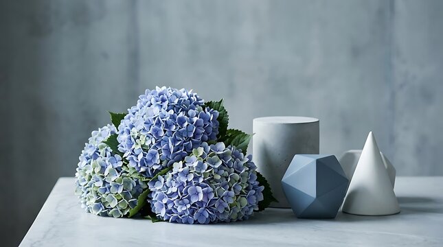 Beautiful blue hydrangea flowers arranged with geometric concrete shapes on a marble surface