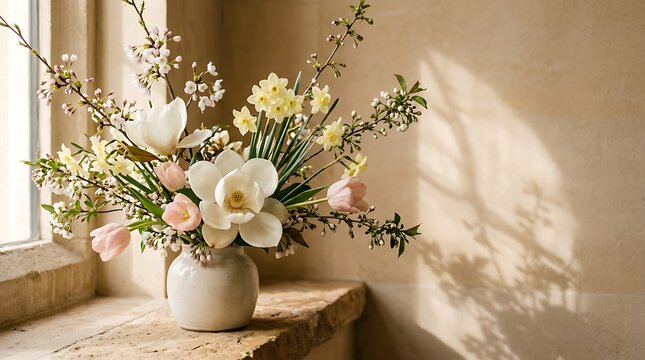 Beautiful spring flower arrangement with magnolia tulips and daffodils in a ceramic vase on a stone windowsill