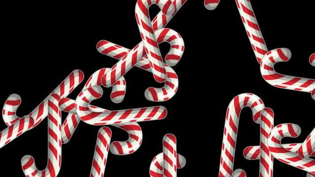 Animated Red and White Candy Canes Falling Against Black Background