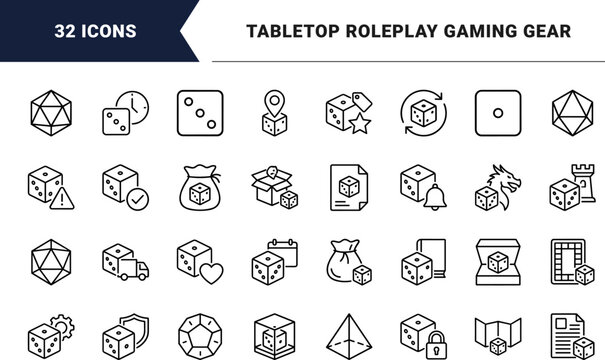 Dice Tabletop Roleplay Web Icon Set in Linear Style. Collection of game master, character sheet, polyhedral set, fantasy gaming, tabletop gear, tabletop order line icons, including gaming, tabletop