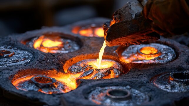 Fiery molten metal flowing across a circular cast iron mold, showcasing industrial forging processes, representing intense heat and creation within a workshop setting