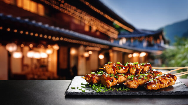 Charred chicken yakitori skewers with tare glaze and blurred izakaya background banner.