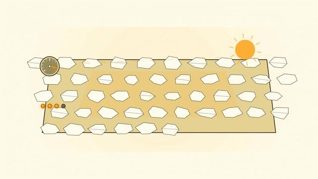Abstract animated salt crust forming as a pan evaporates drawn as yellow and gold lines and shapes on a bright, clean light background. Seamless looping 4K motion graphics video with free space for te