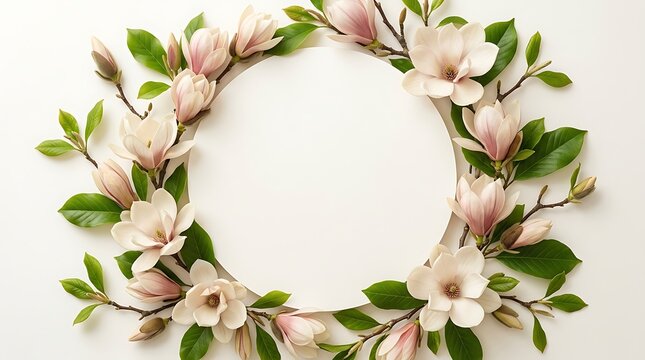 Floral frame background with blooming magnolia flowers and green leaves arranged in a circular wreath design