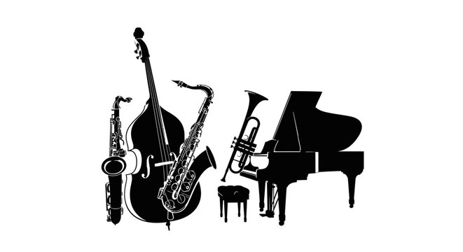 Silhouette of various musical instruments on white background with instruments including piano black silhouettes musical bass saxophone trumpet