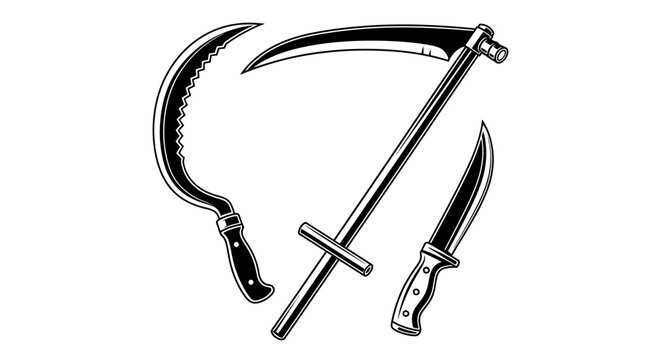 Three bladed weapons on white background with dagger against plain white backdrop scythe machete dagger illustration cutting danger knife with sharp