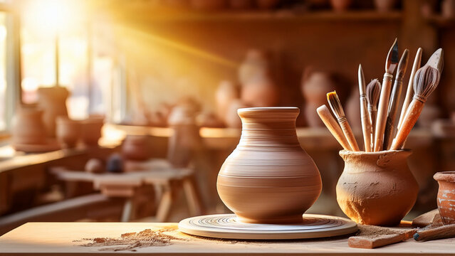Wet clay vase on pottery wheel with blurred ceramic studio background banner.
