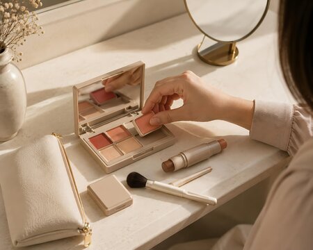 Woman using a modular makeup palette on a minimalist white vanity table with cosmetics and soft morning light