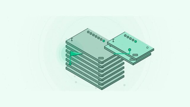 Abstract animated snapshots stacking through a version history drawn as green and teal lines and shapes on a bright, clean light background. Seamless looping 4K motion graphics video with free space f