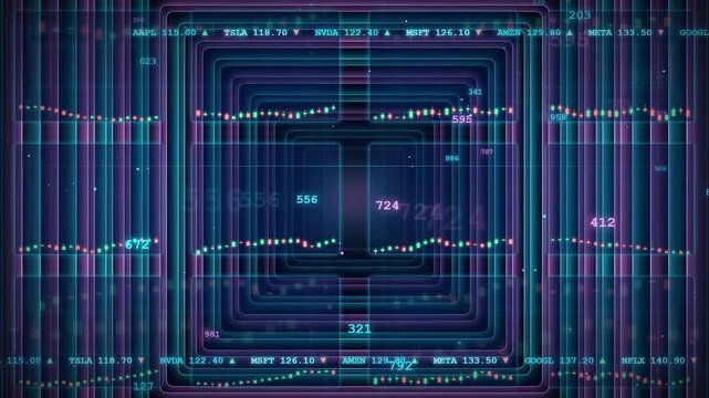 Abstract digital financial data visualization with scrolling stock market tickers and glowing holographic interfaces