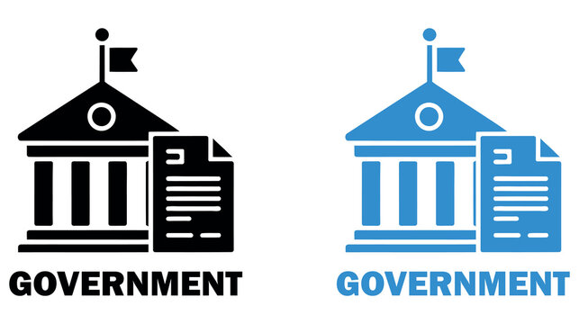 Government building and document legal policy icon set in black and blue styles.