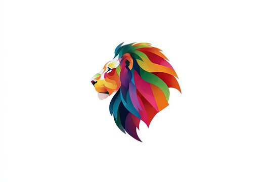 A majestic lion's head is depicted in a vibrant, abstract geometric style, with each strand of its mane a different bold color, symbolizing power and diversity.