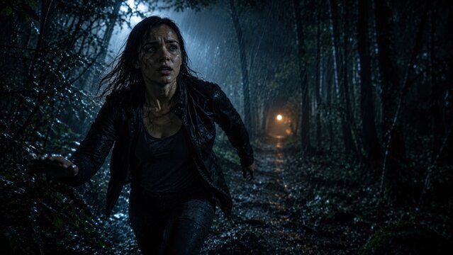 Stressed young woman running through dark rainy forest at night escaping danger in suspenseful scene.