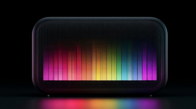 Modern wireless speaker displaying vibrant, colorful equalizer bars, gracefully illuminating a dark surface, representing audio technology and visual music