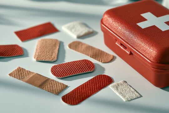 First aid kit with different types of adhesive bandages for medical emergencies