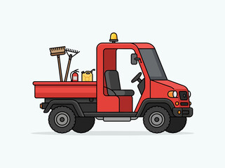 Naklejka premium Red utility truck carrying gardening tools isolated on white background flat vector illustration for construction and maintenance service design concepts