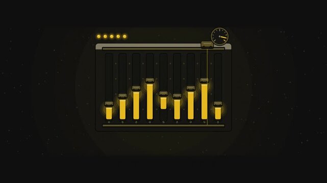 Abstract animated spectrum divided into allocated bands drawn as yellow and gold lines and shapes on a deep dark background. Seamless looping 4K motion graphics video with free space for text, ideal f