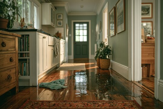 Indoor flooding damages a hardwood hallway after a household plumbing leak