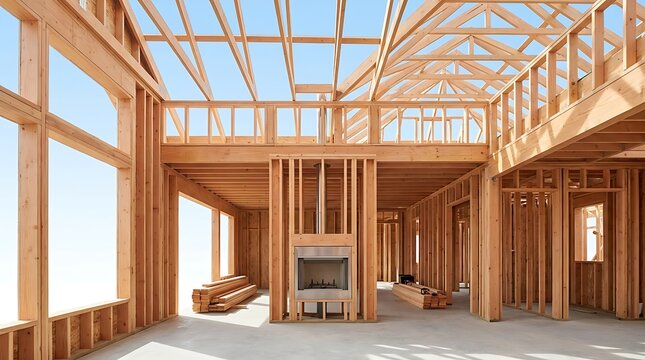 Unfinished house interior showing structural timber framing and concrete flooring