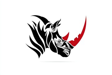 Obraz premium A fierce rhinoceros head, rendered in striking tribal tattoo style with bold black lines and a vibrant red horn, symbolizes power and resilience.