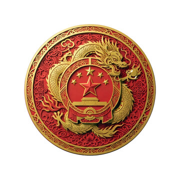 Golden Dragon and National Emblem-Inspired Paper-Cut Style Badge, China National Day Icon