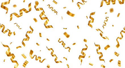 Fototapeta premium Falling Gold Confetti Ribbons and Party Streamers Isolated on a Transparent Background for Festive Celebration Design Elements