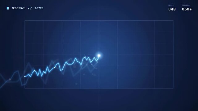 Digital blue holographic data graph with glowing line moving across a futuristic grid background