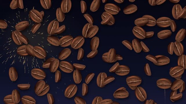 Roasted Coffee Beans Falling Over Sparkling Fireworks on Dark Background