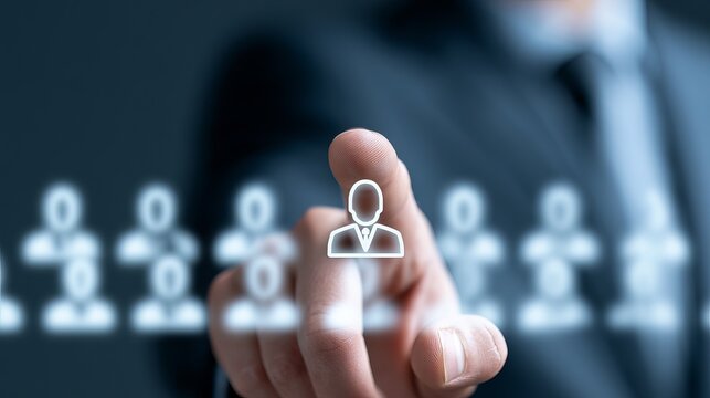 A hand selects a single icon representing a person amidst a row of similar icons, symbolizing targeted selection for business, human resources, and recruitment