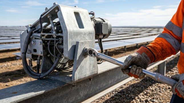 Technician tightening solar panel tracking motor with torque wrench
