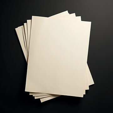 Stack of blank white paper pages fanned out on dark surface, perfect for presentations and office documents.