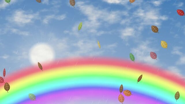 Cartoon Fox Floating on Cloud Over Rainbow with Falling Autumn Leaves