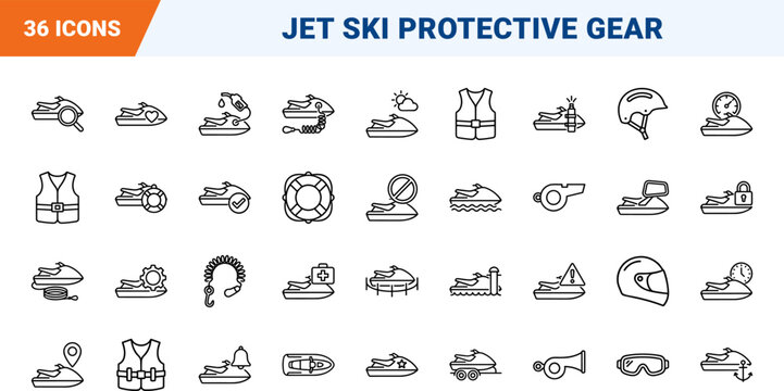 Jet Ski Safety Web Icon Set in Linear Style. Collection of pwc navigation, life jacket, water rescue, speed rules, tow equipment, fuel safety line icons, including pwc navigation, life jacket, water