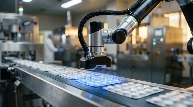 Automated robotic arm scanning pharmaceutical blister packs on belt