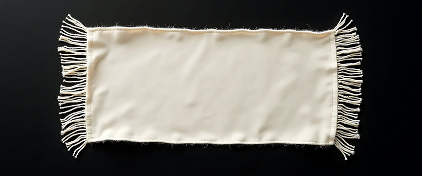 Blank beige fabric placemat with fringe edging displayed on a dark surface for food photography and event styling mockups.