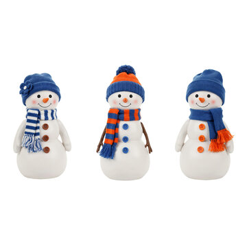 Three decorative snowman figurines with winter accessories isolated on a transparent background