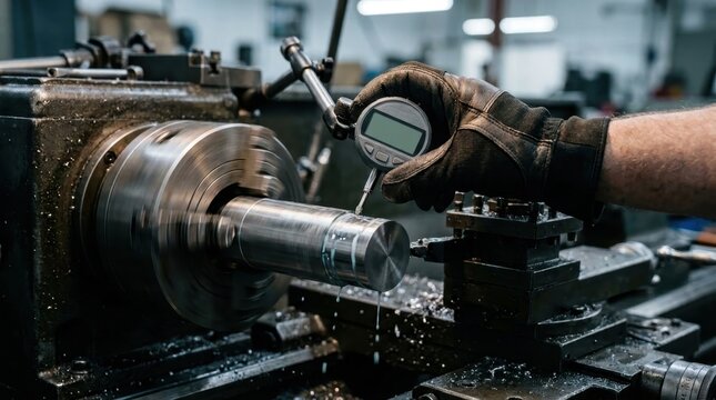 Machinist measuring steel component with digital micrometer tool